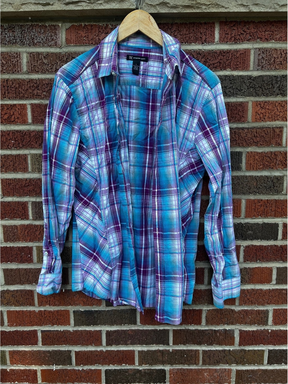 INC International Concepts Blue and Purple Plaid Button Down Shirt